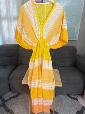 Lemlem Yellow and White Striped V-Neck Cotton Caftan Dress